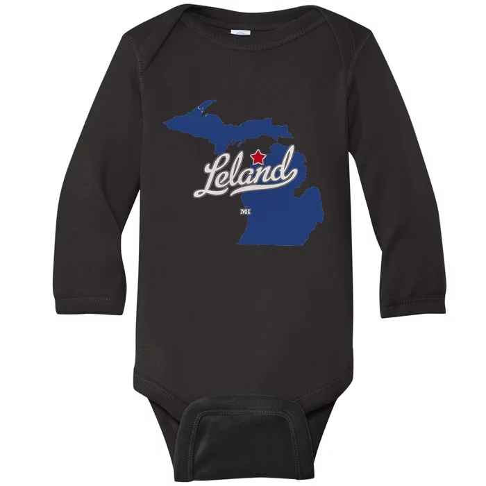 Leland Michigan MI Map Baby Long Sleeve Bodysuit