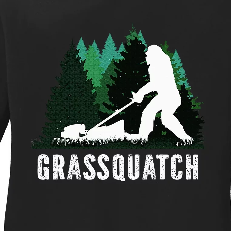 Lawn Mower Mowing Dad Landscaper Bigfoot Yeti Sasquatch Ladies Long Sleeve Shirt