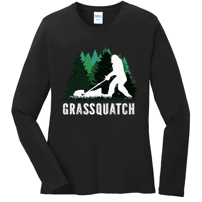 Lawn Mower Mowing Dad Landscaper Bigfoot Yeti Sasquatch Ladies Long Sleeve Shirt