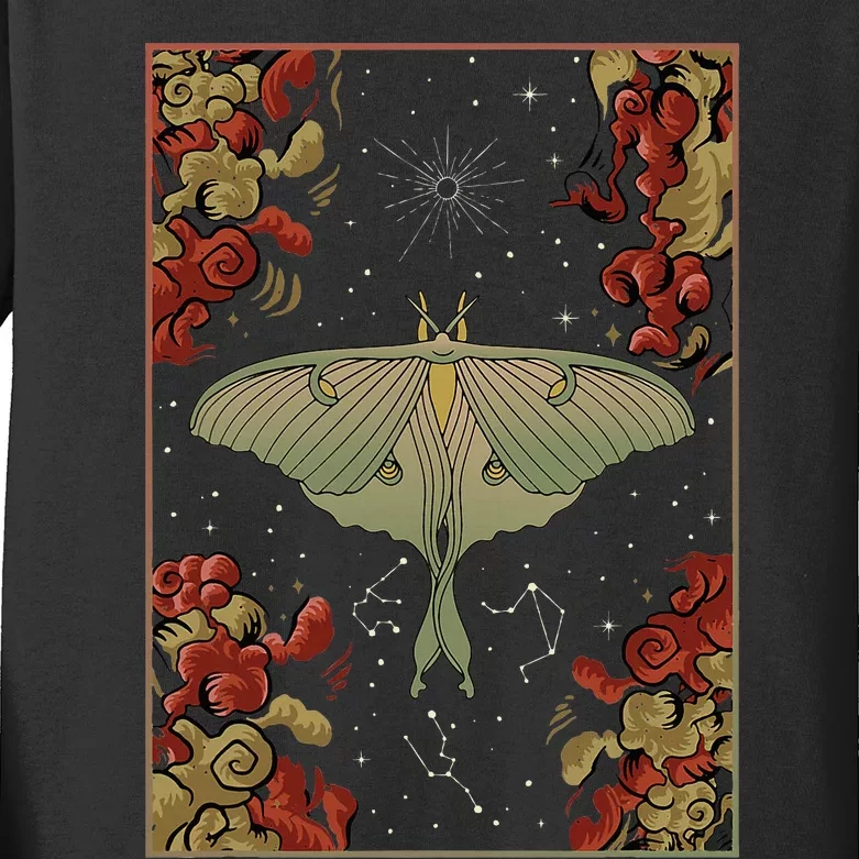 Luna Moth Print Dark Academia Aesthetic Witchy Celestial Kids Long Sleeve Shirt