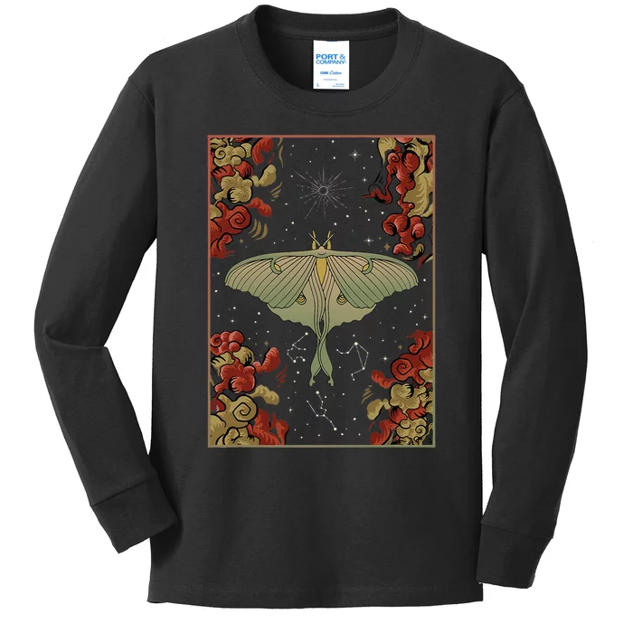 Luna Moth Print Dark Academia Aesthetic Witchy Celestial Kids Long Sleeve Shirt