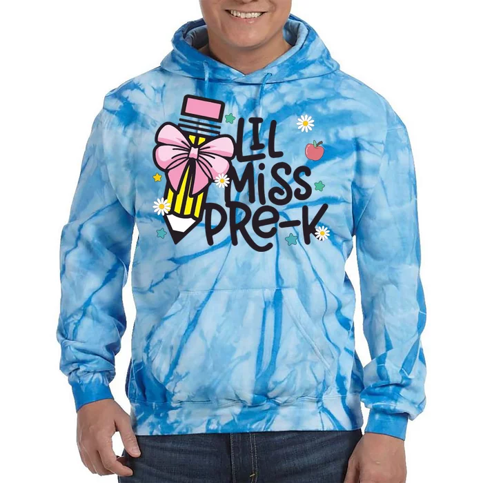 Little Miss Pre K Pencil Bow First Day Of School Tie Dye Hoodie