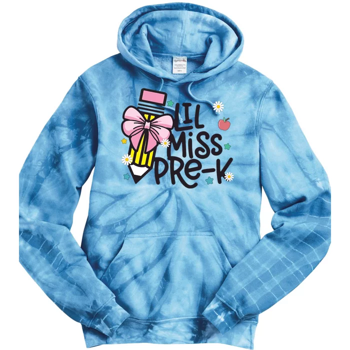 Little Miss Pre K Pencil Bow First Day Of School Tie Dye Hoodie