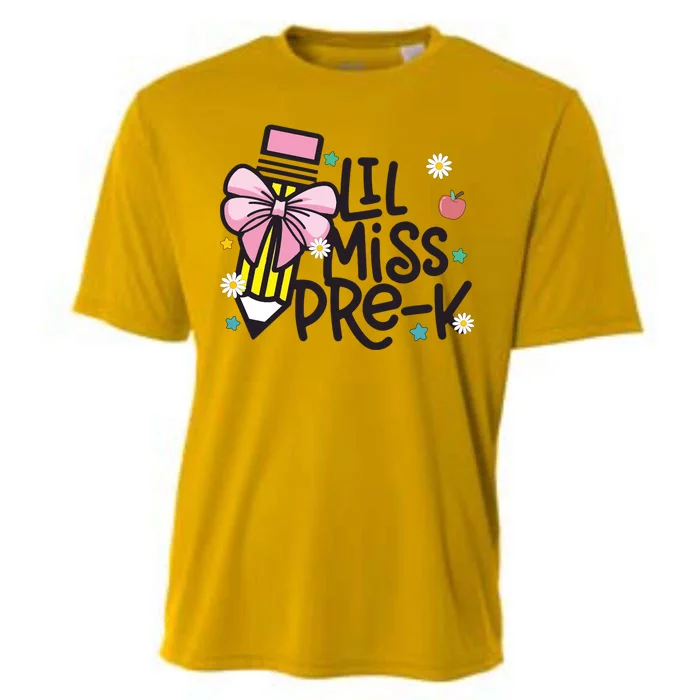 Little Miss Pre K Pencil Bow First Day Of School Cooling Performance Crew T-Shirt