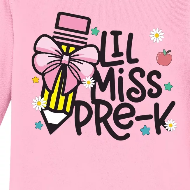 Little Miss Pre K Pencil Bow First Day Of School Baby Long Sleeve Bodysuit