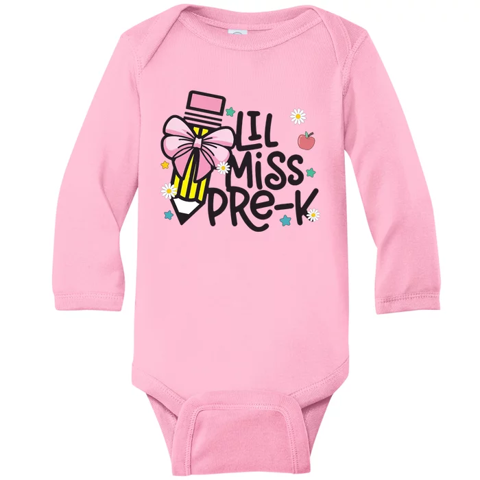 Little Miss Pre K Pencil Bow First Day Of School Baby Long Sleeve Bodysuit