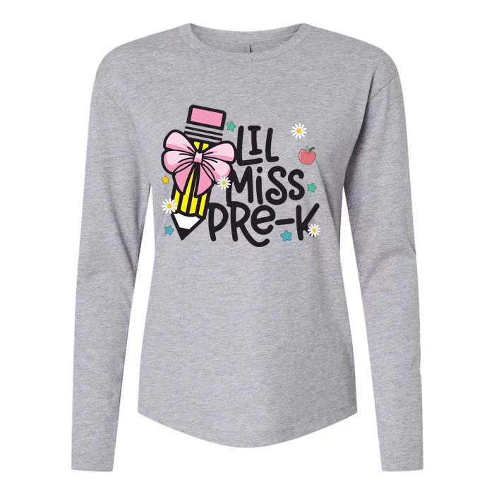 Little Miss Pre K Pencil Bow First Day Of School Womens Cotton Relaxed Long Sleeve T-Shirt