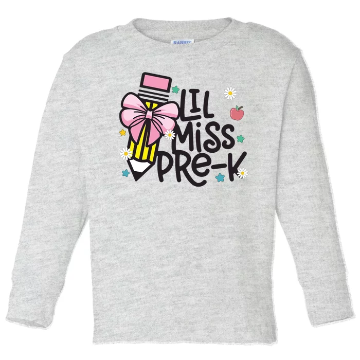 Little Miss Pre K Pencil Bow First Day Of School Toddler Long Sleeve Shirt