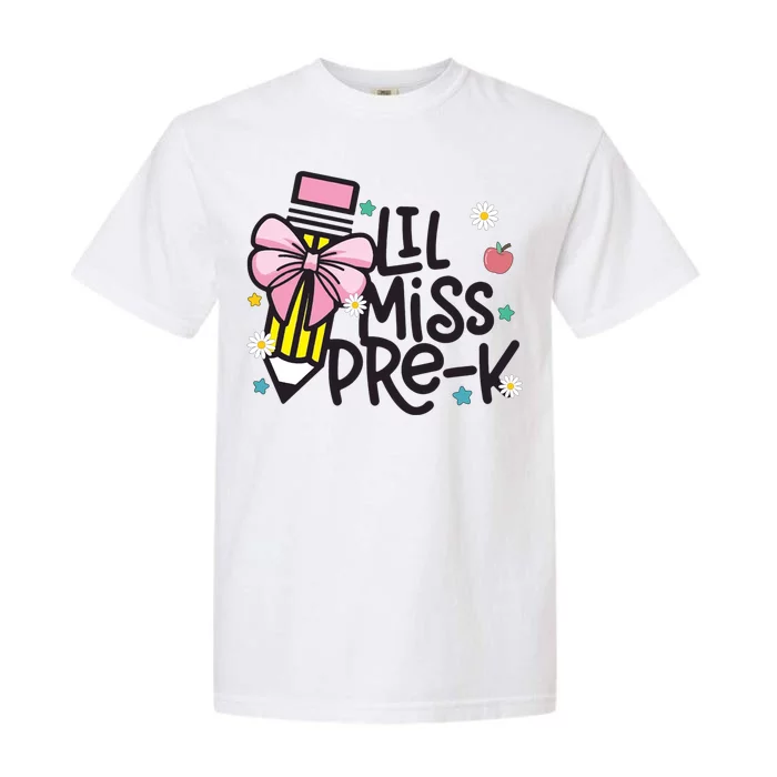 Little Miss Pre K Pencil Bow First Day Of School Garment-Dyed Heavyweight T-Shirt