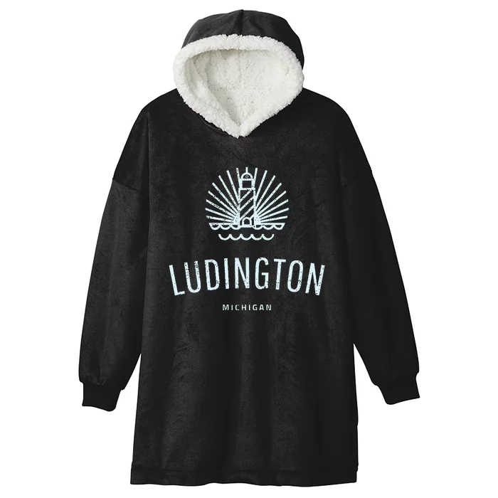 Ludington Michigan Retro Vintage Lighthouse Hooded Wearable Blanket