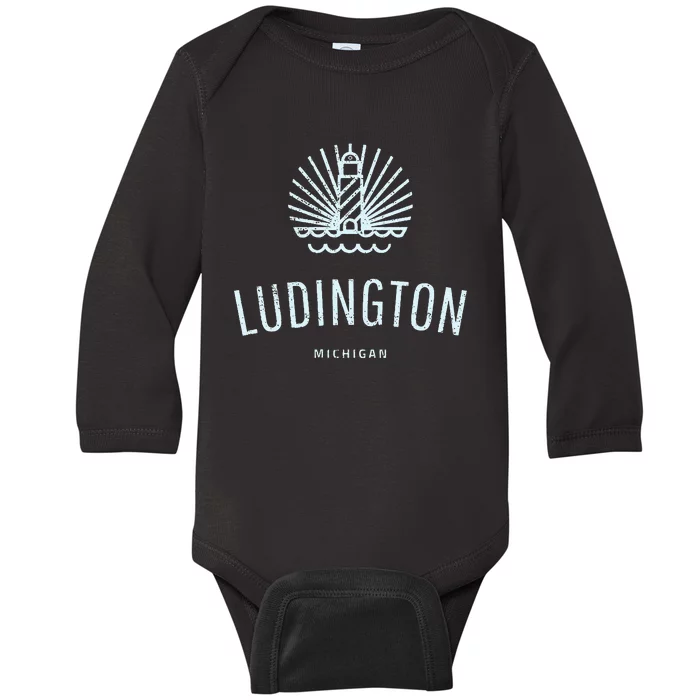 Ludington Michigan Retro Vintage Lighthouse Baby Long Sleeve Bodysuit