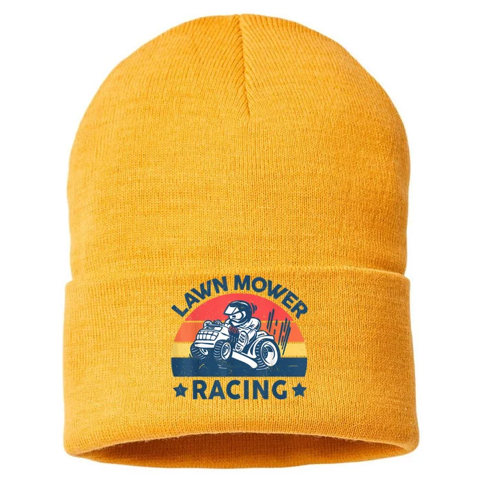 Lawn Mower Racing Lawn Mowing Funny Landscaping Sustainable Knit Beanie