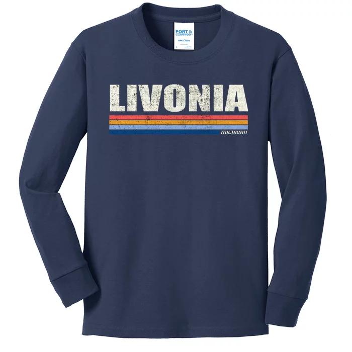 Livonia Michigan Retro Style 1980's Logo Kids Long Sleeve Shirt