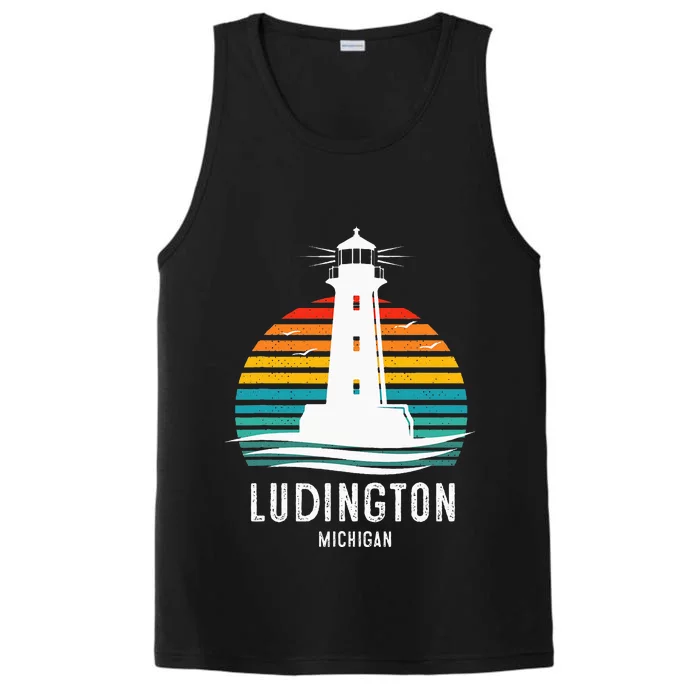 Ludington Michigan Retro Vintage Lighthouse Idea Gifts Performance Tank