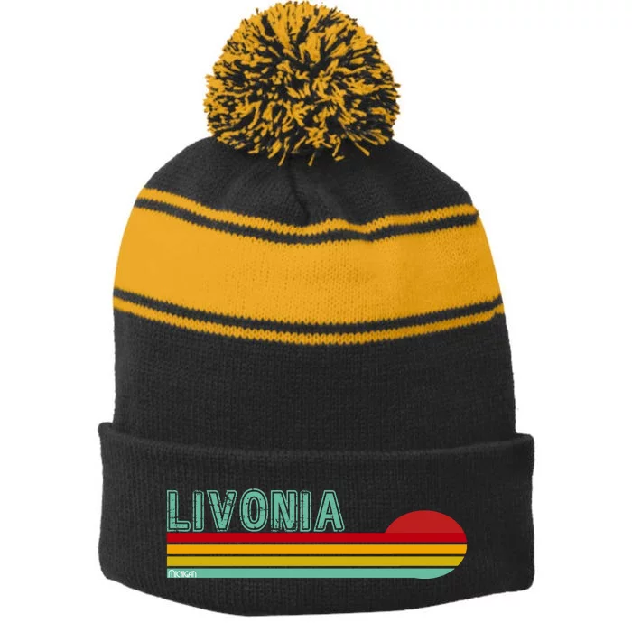 Livonia Michigan Retro Sunset Logo Stripe Pom Pom Beanie