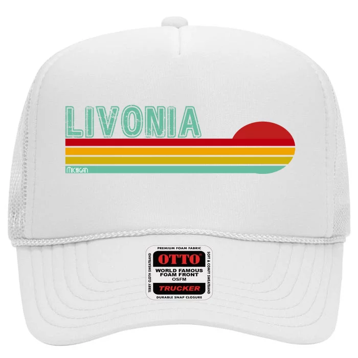 Livonia Michigan Retro Sunset Logo High Crown Mesh Trucker Hat