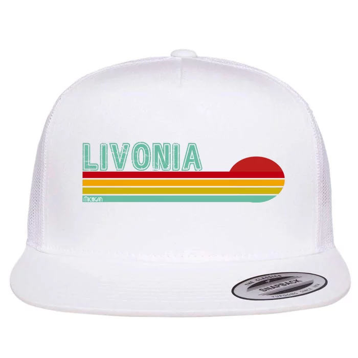 Livonia Michigan Retro Sunset Logo Flat Bill Trucker Hat