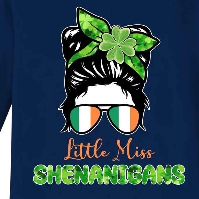 Little Miss Shenanigans Hair Bun St Patrick's Day Baby Long Sleeve Bodysuit