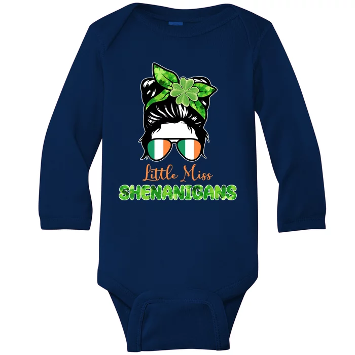 Little Miss Shenanigans Hair Bun St Patrick's Day Baby Long Sleeve Bodysuit