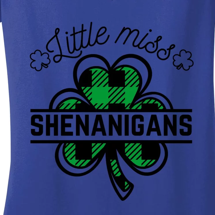 Little Miss Shenanigans Patrick's Day Leopard Shamrock Irish Meaningful Gift Women's V-Neck T-Shirt