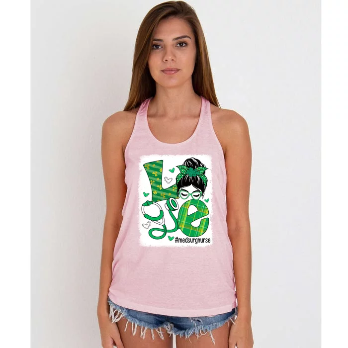 Love Med Surg Nurse Life Bleached Messy Bun Irish Nurse Great Gift Women's Knotted Racerback Tank