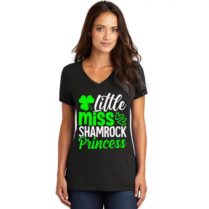 Little Miss Shamrock Princess St Patrick's Day Irish Girls Women's V-Neck T-Shirt