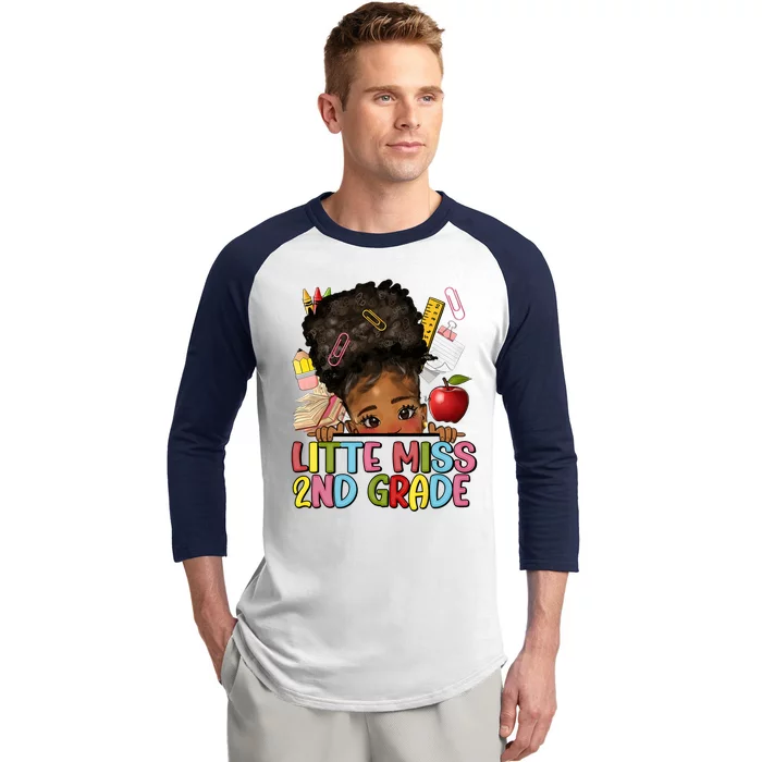 Little Miss Second Grade Back To School Messy Bun Afro Girl Baseball Sleeve Shirt