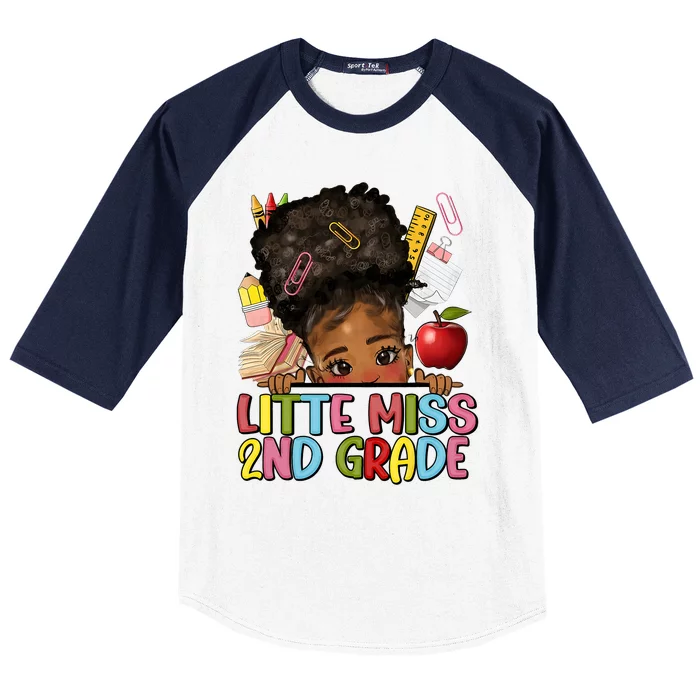 Little Miss Second Grade Back To School Messy Bun Afro Girl Baseball Sleeve Shirt