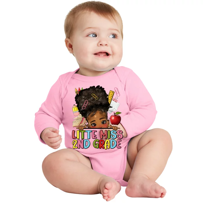 Little Miss Second Grade Back To School Messy Bun Afro Girl Baby Long Sleeve Bodysuit