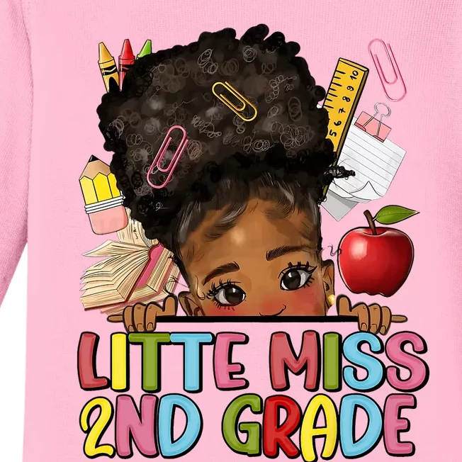 Little Miss Second Grade Back To School Messy Bun Afro Girl Baby Long Sleeve Bodysuit