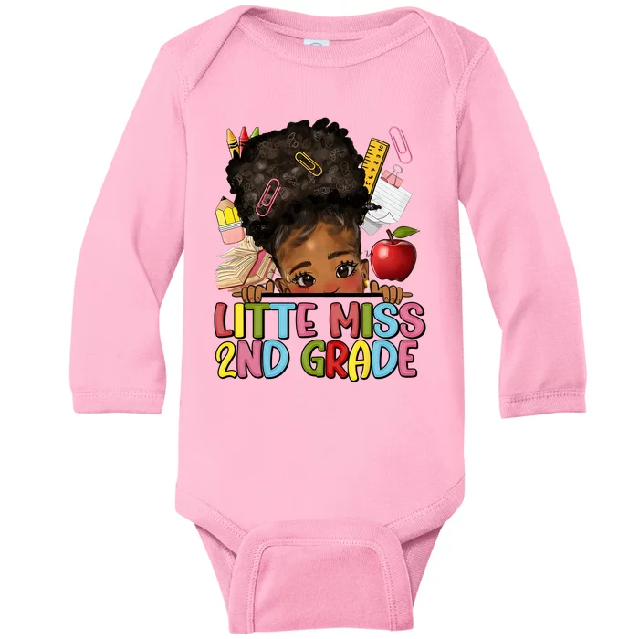 Little Miss Second Grade Back To School Messy Bun Afro Girl Baby Long Sleeve Bodysuit