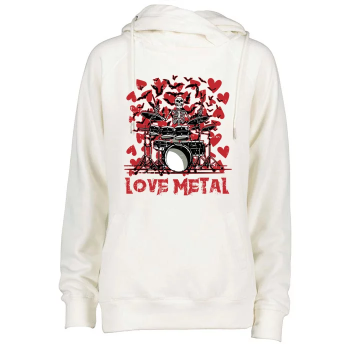 Love Metal Skeleton Drummer Valentines Day Rock N Roll Drums Gift Womens Funnel Neck Pullover Hood