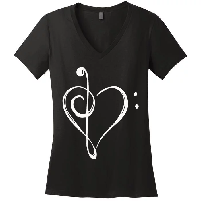 Love Music Treble And Bass Clef Heart Women's V-Neck T-Shirt