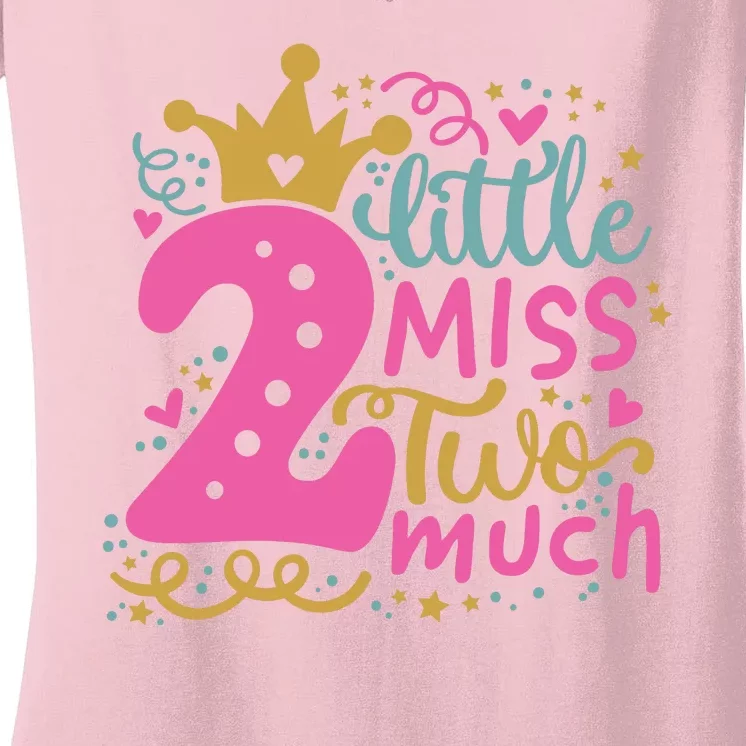 Little Miss Two 2 Much Cool Birthday Design Women's V-Neck T-Shirt