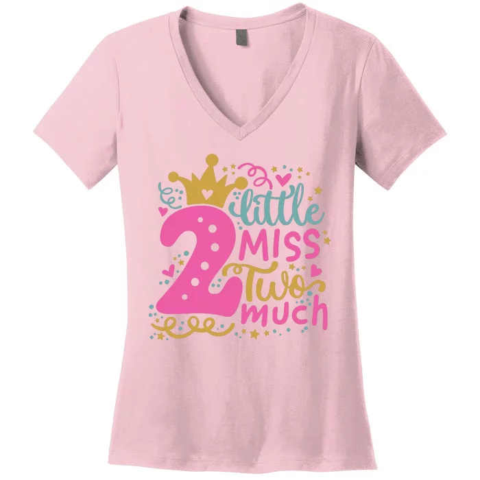 Little Miss Two 2 Much Cool Birthday Design Women's V-Neck T-Shirt