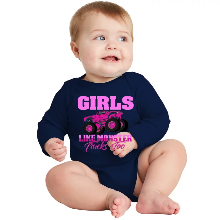 Like Monster Trucks Too Baby Long Sleeve Bodysuit