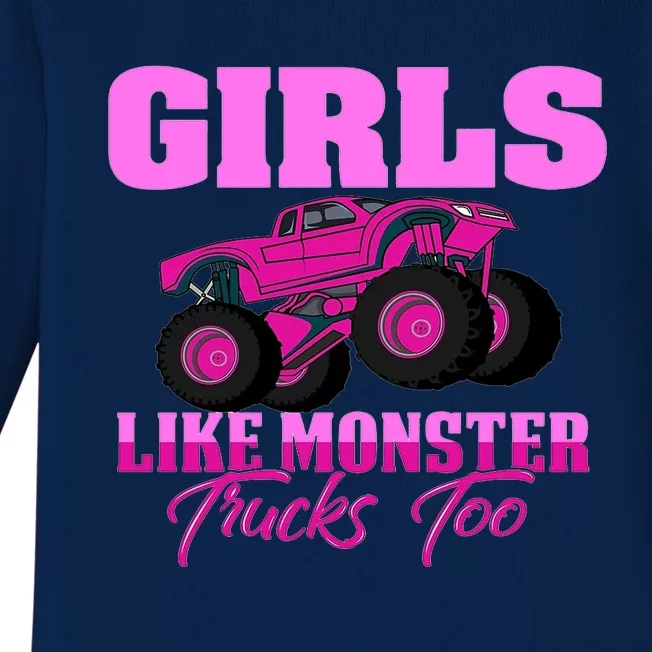 Like Monster Trucks Too Baby Long Sleeve Bodysuit