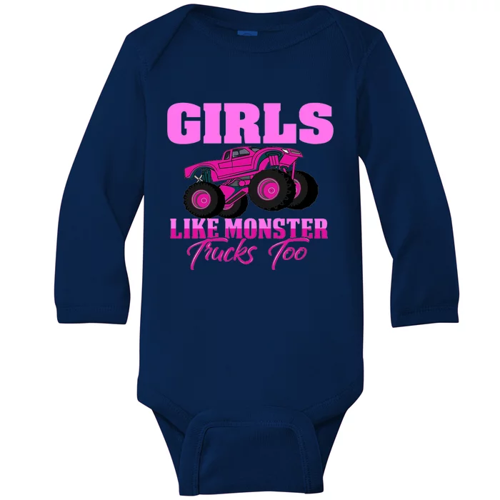 Like Monster Trucks Too Baby Long Sleeve Bodysuit