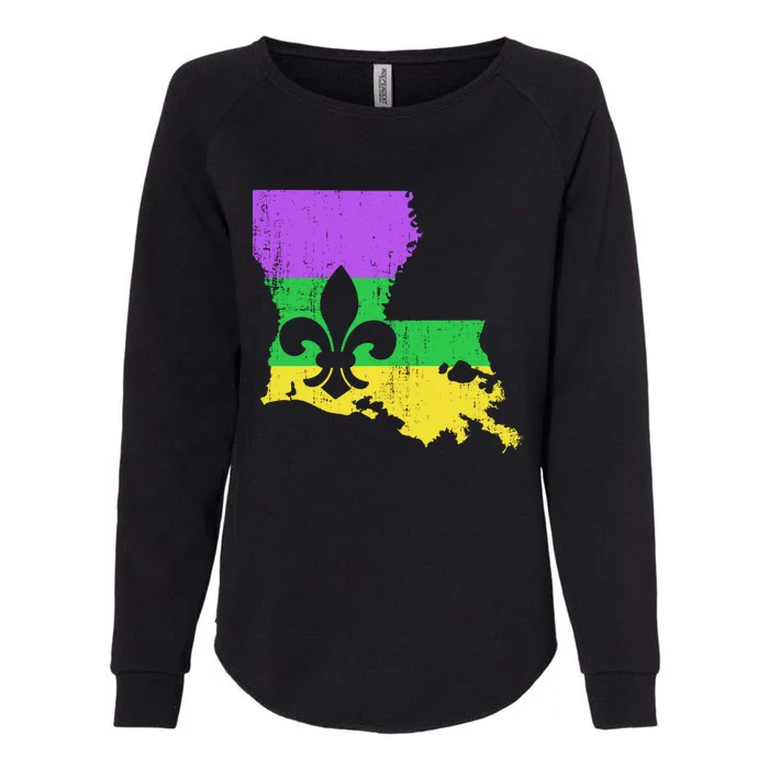 Louisiana Map With Mardi Gras Colors And Fleur De Lis Great Gift Womens California Wash Sweatshirt