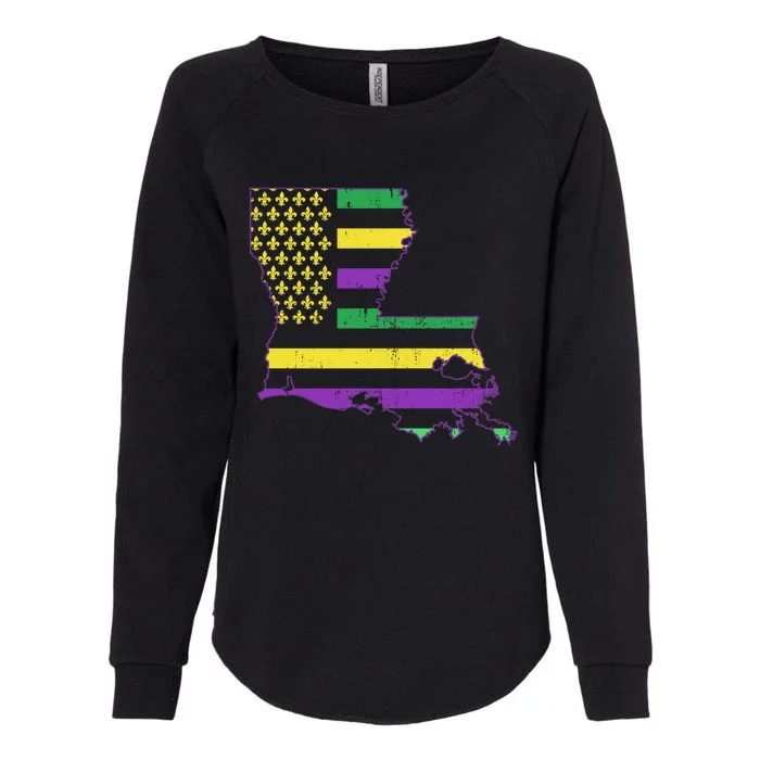 Louisiana Map With Mardi Gras Colors Us American Flag Great Gift Womens California Wash Sweatshirt