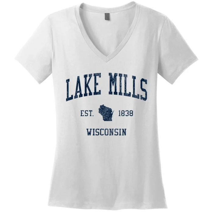 Lake Mills Wi Vintage Athletic Sports Women's V-Neck T-Shirt