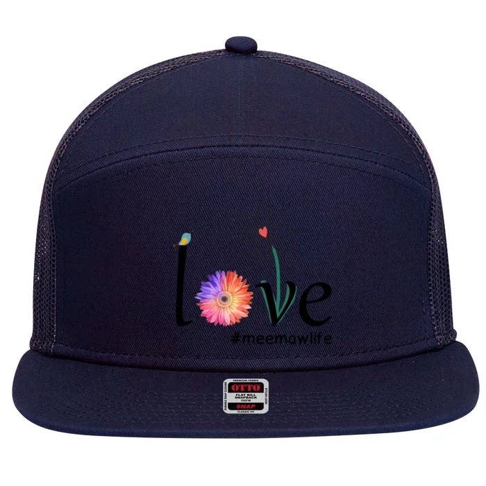 Love #Meemawlife Watercolor Flower Bird Grandma Mother's Day Gift 7 Panel Mesh Trucker Snapback Hat