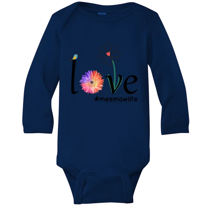 Love #Meemawlife Watercolor Flower Bird Grandma Mother's Day Gift Baby Long Sleeve Bodysuit