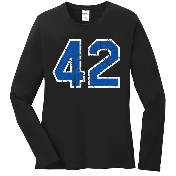 Lucky Number 42 Sports Jersey Birthday Vintage Blue White Ladies Long Sleeve Shirt