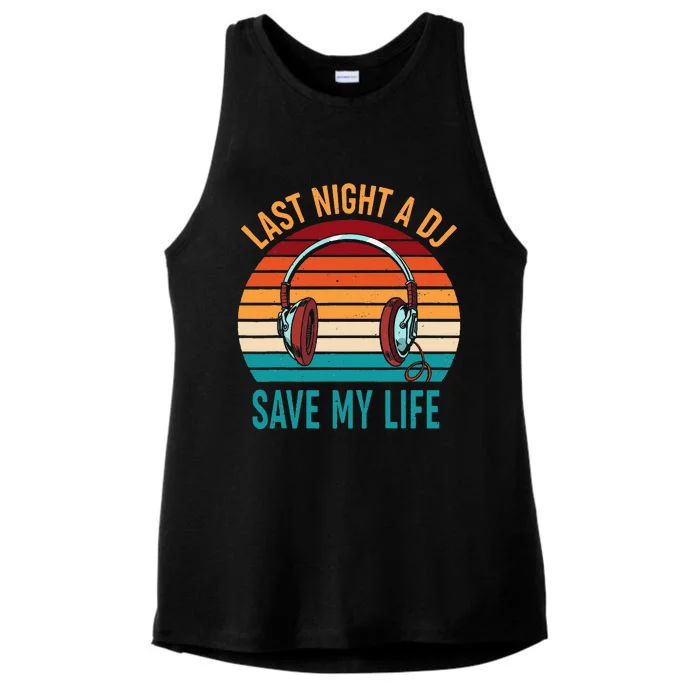 Last Night A Dj Saved My Life Vintage Sun With Headphones Ladies Tri-Blend Wicking Tank