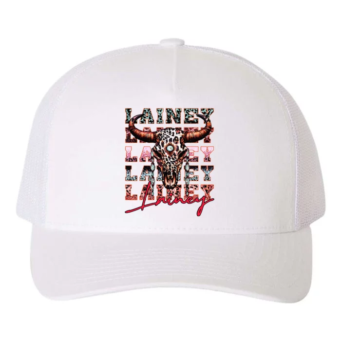 Lainey Name Distressed Lainey Leopard And Bullskull Yupoong Adult 5-Panel Trucker Hat