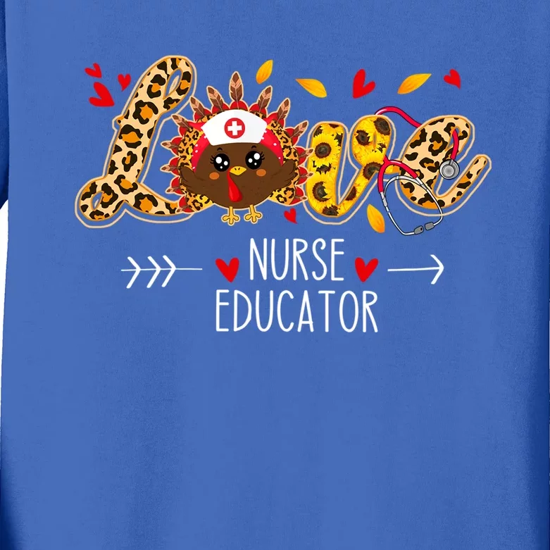 Love Nurse Educator Leopard Sunflower Thanksgiving Turkey Gift Kids Long Sleeve Shirt