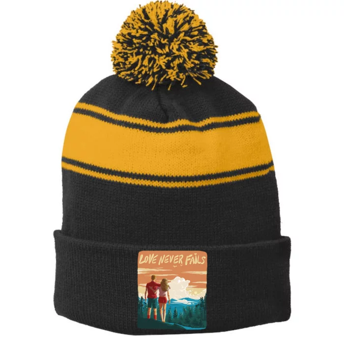 Love Never Fails Sunset Couple Stripe Pom Pom Beanie