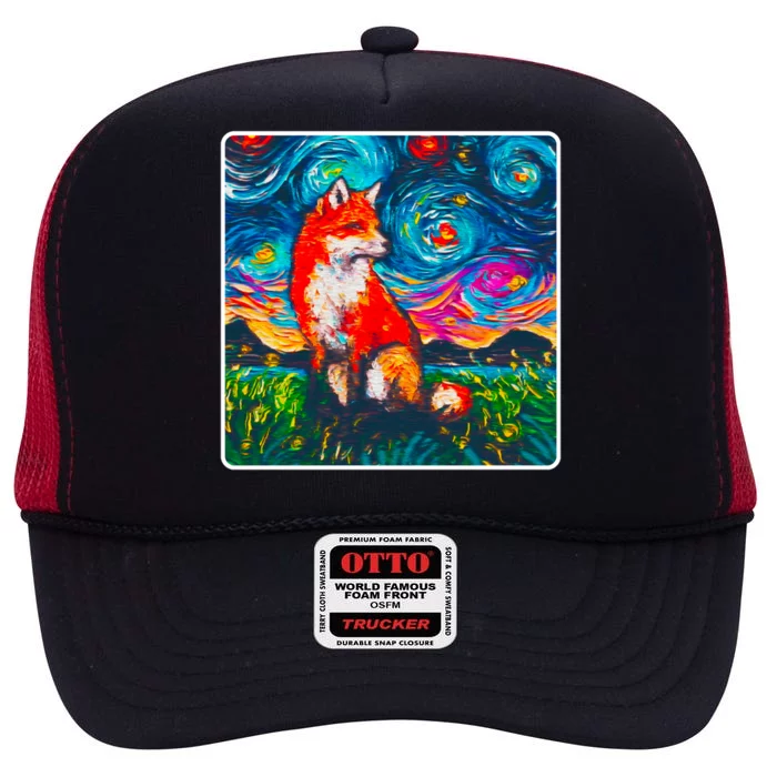 Lupine Night Fox Starry Night Art Painting High Crown Mesh Trucker Hat