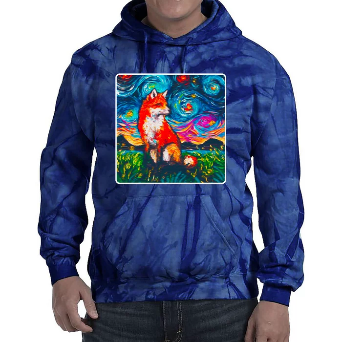 Lupine Night Fox Starry Night Art Painting Tie Dye Hoodie